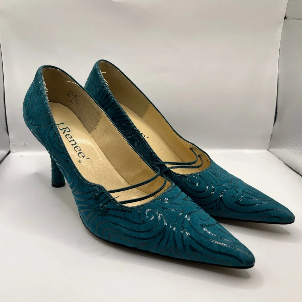 J. Renee Womens Teal Suede Swirl Print Pointed Toe Stiletto Heels‎ Size 8M